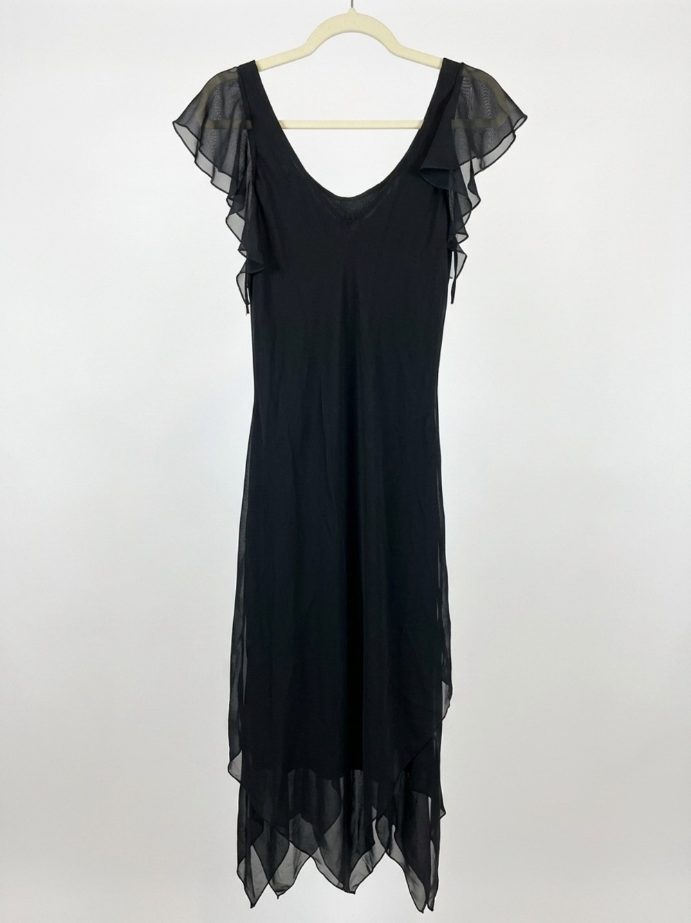 LAPIS BLACK SILK FLOWY FAIRY sleeveless SEMI SHEER v neck DRESS